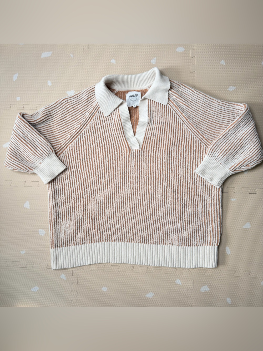 aerie Cream and Tan Striped V‑Neck Polo Sweater